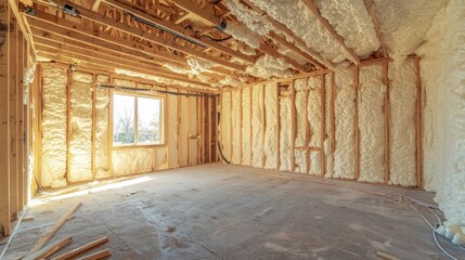 An insulation contractor applies spray foam insulation to the walls of a home, ensuring an airtight seal and improving overall energy savings