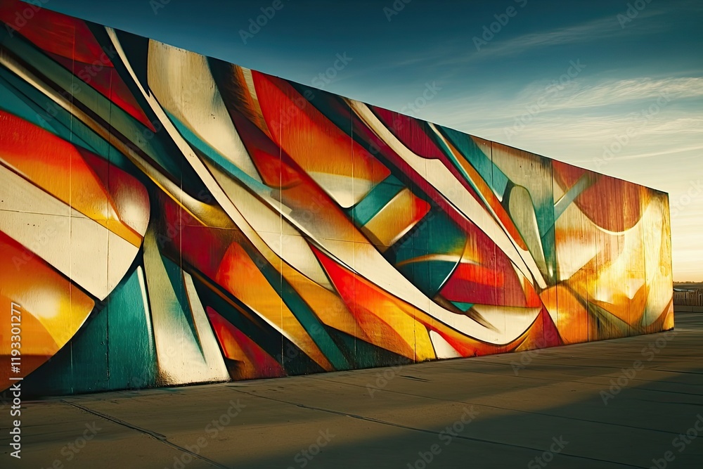 Poster vibrant image of graffiti wall featuring large colorful abstract design captured under soft evening 
