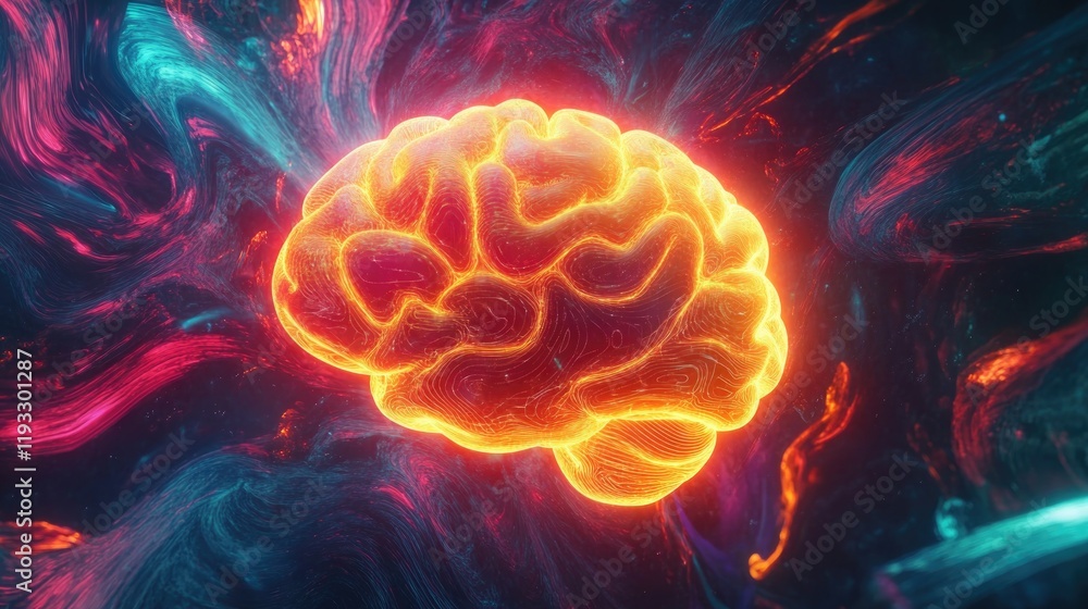 Aufkleber vibrant image of glowing brain surrounded by swirling colors and abstract shapes symbolizing creativ