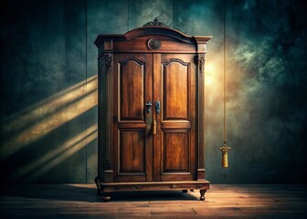 Antique Wooden Wardrobe in Dimly Lit Room - Surreal Vintage Photography