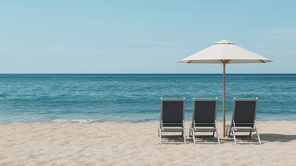 Tranquil Tropical Beach with Empty Chairs and Umbrella under Clear Sky, Chairs and umbrella beach concept.