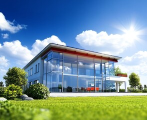 Modern Glass House Architectural Visualization Sunny Day Composition, Green Landscape, keyword1 3D rendering, keyword2 contemporary home