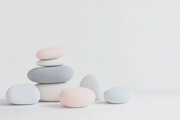 Balanced pastel stones on minimalist background in harmony