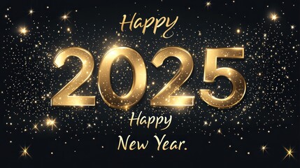 Golden 2025 New Year greeting card with sparkles.