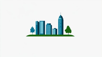 Fototapeta premium A minimalist city skyline illustration featuring modern buildings and green trees for a clean visual identity.
