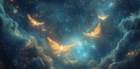 Obraz premium Golden Birds Soaring Through A Celestial Nebula