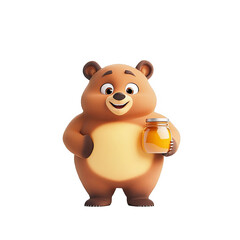 Naklejka premium Cheerful cartoon bear holding honey jar playful forest setting 3d illustration whimsical design fun concept
