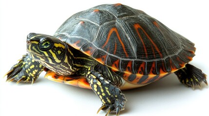 Obraz premium Vibrant Turtle with Orange and Yellow Markings on Clean White Background