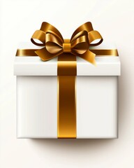 Elegant White Gift Box with Glossy Gold Ribbon and Bow on Soft Light Background, Perfect for Celebrations, Birthdays, and Special Occasions