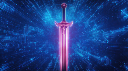 Futuristic glowing sword with blue neon circuit background