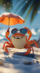 Cheerful Cartoon Crab: Happy Crab in Sunglasses Relaxing on the Beach with an Umbrella, Enjoying Fun Summer Vibes and Coastal Living