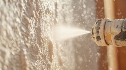 A close-up of a spray insulation nozzle as it disperses foam into the walls of a building to improve thermal performance