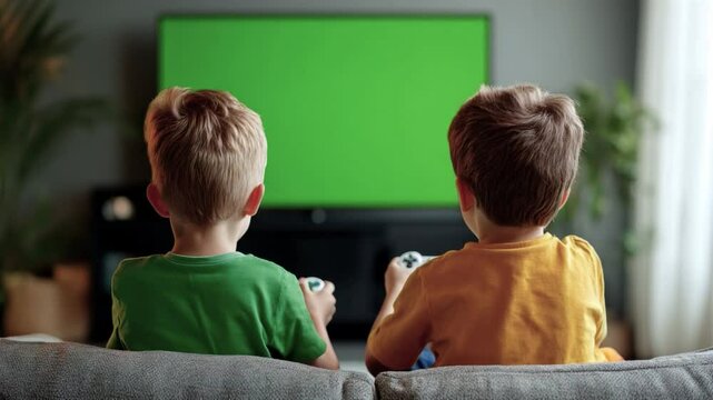 Two young boys sitting on a couch, playing video games with controllers, facing a green screen TV.