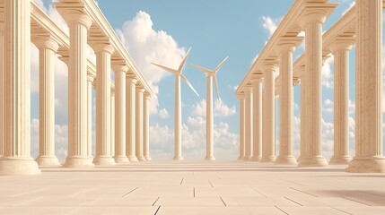 Fototapeta premium Wind turbines in classical colonnade, sunny sky