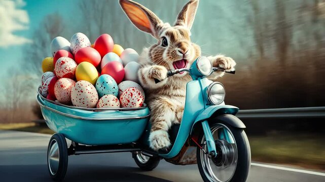 A cheerful bunny rides a scooter with a cart full of vibrant Easter eggs, cruising through a sunny countryside landscape, radiating joy