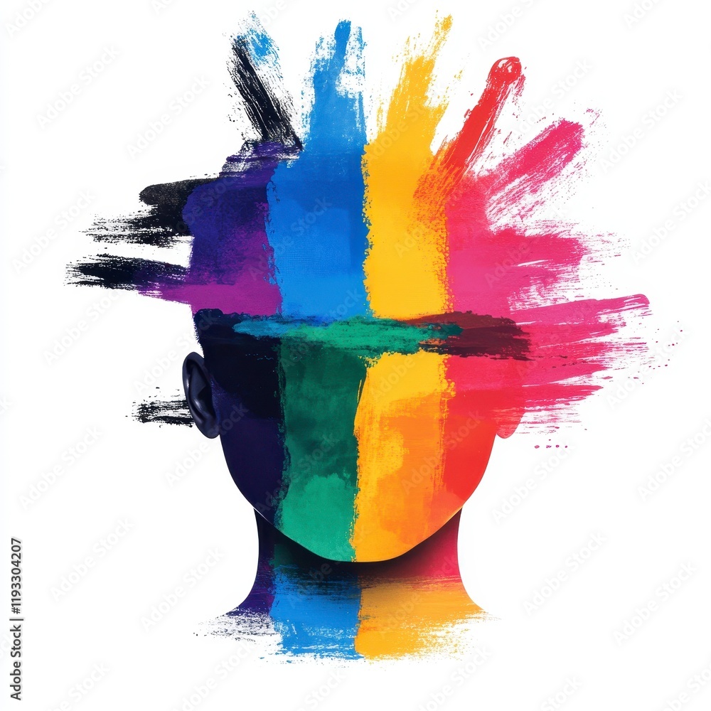 Poster a colorful abstract representation of identity and self-expression with splashes of paint and a silh