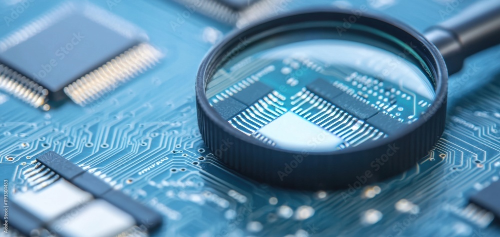Poster a close-up view of a circuit board with a magnifying glass, highlighting intricate details of electr