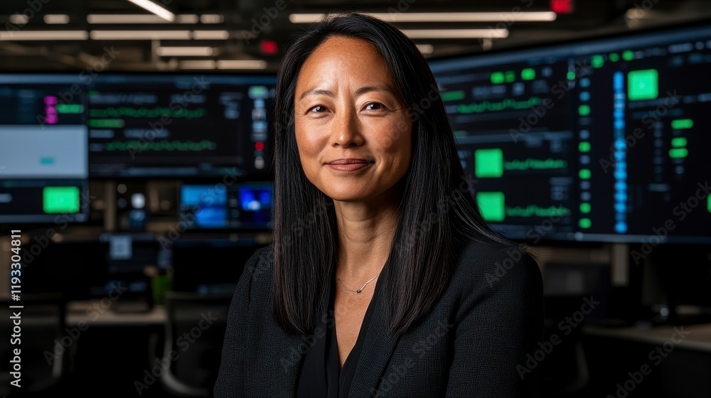 Poster portrait of a confident business professional in a modern tech environment with digital screens and 