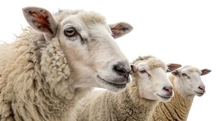 Fototapeta premium Set of sheep portraits on transparent background. Domestic and wild animal concept