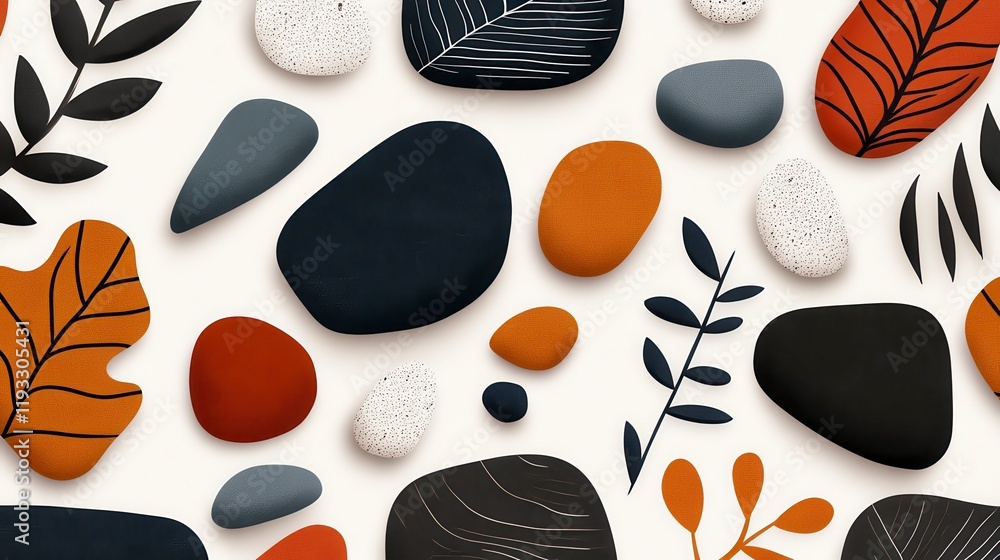 Poster a vibrant arrangement of abstract stones and leaves in varying colors and shapes creating a visually