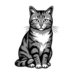 a sleek tabby cat sits gracefully with a curious and alert expression. The cat's fur is striped in shades of gray, giving it a classic and elegant look.