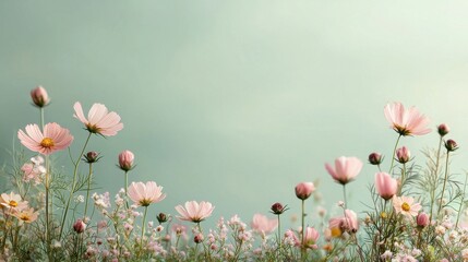 Obraz premium Nature background banner featuring soft pastel wildflowers scenery