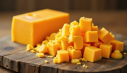 Blocks of Cheddar cheese and cheese nibblers served on a cutting board for National Cheese Lover's Day.