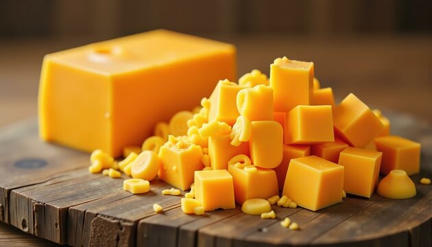 Blocks of Cheddar cheese and cheese nibblers served on a cutting board for National Cheese Lover's Day.