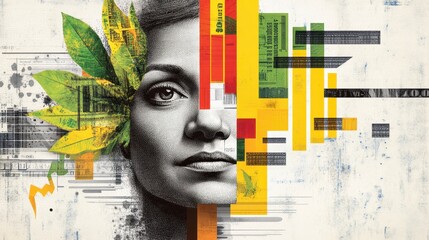 A striking portrait of a woman framed by vibrant green leaves, with abstract graphic elements highlighting themes of nature and urban expression.
