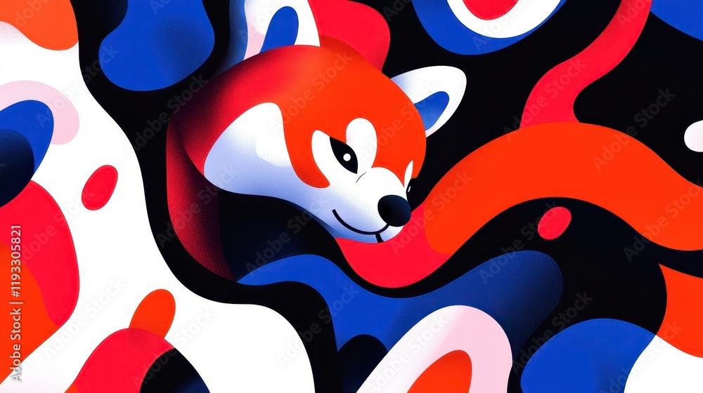 Poster a whimsical and vibrant illustration of a red panda emerging playfully from abstract colorful swirls