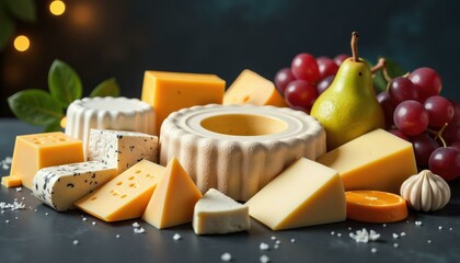 Variety of cheese wedges, blocks, and shapes with grapes, pear, and orange, National Cheese Lover's Day