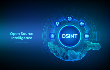 Open source intelligence. OSINT icon in wireframe hand. Open data access. Open source analysis. Cyber analytics. Data gathering. Open data database. Vector illustration.