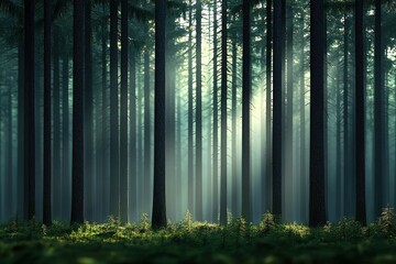 Serene forest scene banner soft sunlight nature background