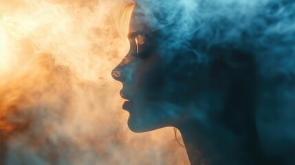 A young woman’s silhouette is partially obscured by ethereal smoke, with soft light casting a radiant, almost celestial effect on her profile.