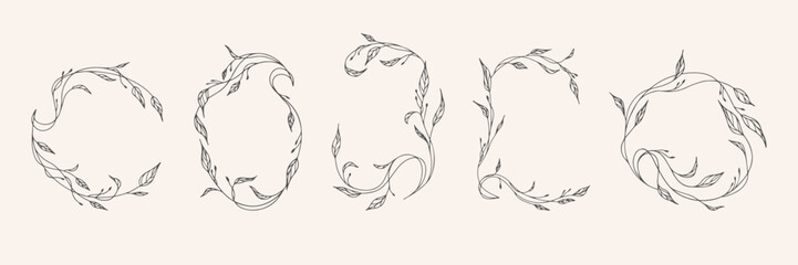 Set of elegant botanical frame with branches. Wedding graphic elements for invitation card. Rustic graceful vector illustration