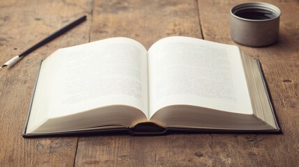Naklejka premium Open Book on Wooden Table with Pen and Container for Writing, Opened book on table concept.