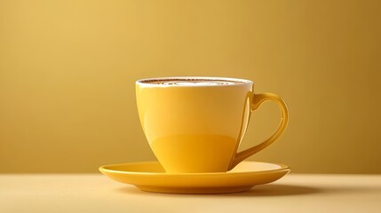 Yellow Coffee Cup on Yellow Background, Minimalist Still Life, Hot Beverage, Coffee Break