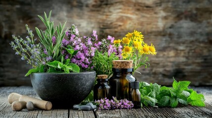 Herbal Remedy Still Life Mortar, Herbs, Essential Oils, Rustic Background, Botanical Photography Herbalism, Aromatherapy