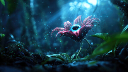 surreal flower with eye in its center glows in mystical forest under soft blue light