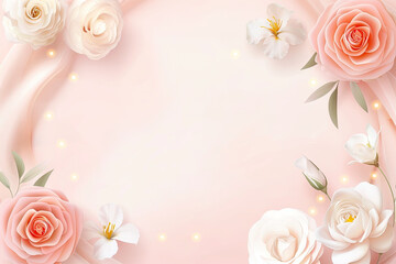 Delicate floral frame with roses, irises, and soft glowing lights on pink background
