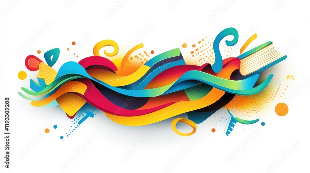 Poster colorful abstract waves of creativity and imagination with vibrant elements representing books and a