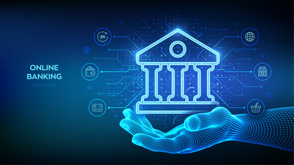 Bank icon in wireframe hand. Online banking service application. Money transaction, e-commerce. Finance and banking global internet connection. Financial transaction. API Fintech. Vector illustration.