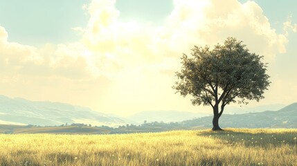 Obraz premium Serene Landscape with Lone Tree Under Soft Sunlight and Clouds