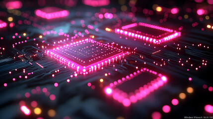 Obraz premium Glowing Pink Microchips on a Circuit Board: Abstract Technology Background