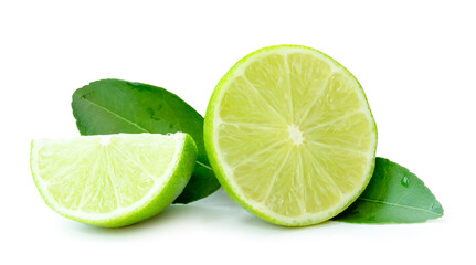 Front view of fresh green lemon fruit in half and quarter or piece with green leaves in stack isolated on white background with clipping path