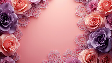 Elegant pink background with roses and lace border for Valentine's Day or romantic events