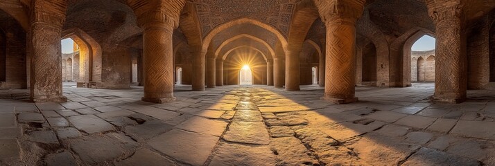 Obraz premium Sunbeams Illuminating Ancient Architecture A Serene View of a Historic Stone Building