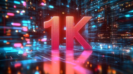 Glowing 3D Number 1K on Futuristic Digital Background Celebrating 1000 Followers or Subscribers