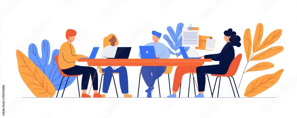 Aufkleber a group of diverse individuals collaborating around a table with laptops, surrounded by colorful fol