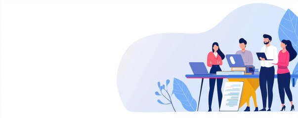 A group of professionals collaborating around a table with laptops and documents in a modern, creative workspace.